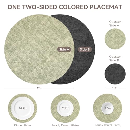 NCUE 13" Faux Leather Round Placemats Set of 4, Reversible Dual-Color - color: Deep Gray Light Green