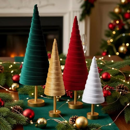 Hoolerry 4 Pcs Christmas Velvet Trees with Gold Pedestal, Classic Xmas - color: Classic Xmas