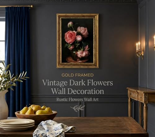 Gold Framed Vintage Dark Floral Canvas Wall Art, Retro Pink Peony Still Life Picture Wall Decor, Moody Flower Painting Print Artwork, for Living Room, Bedroom, Home Decoration 12x16in - color: Framed, size: 16"L x 12"W
