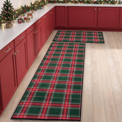 Dunzy 2 Pcs Red & Green Plaid Kitchen Mats Non-Slip Washable Runners - color: Red & Green