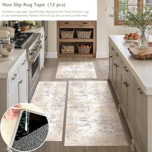 Washable Beige Grey Neutral Kitchen Runner Rug Set of 3 - color: Abstract | Beige Grey, size: 20"x32"+20"x48"+30"x50"