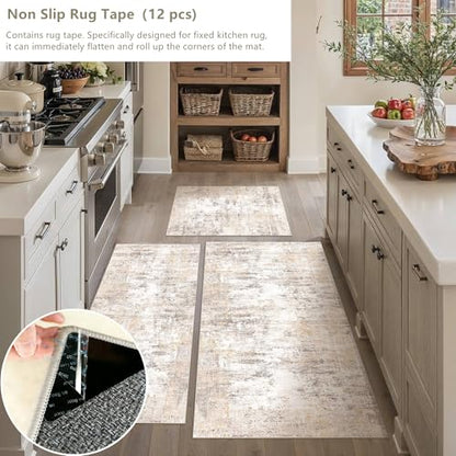 Washable Beige Grey Neutral Kitchen Runner Rug Set of 3 - color: Abstract | Beige Grey, size: 20"x32"+20"x48"+30"x50"