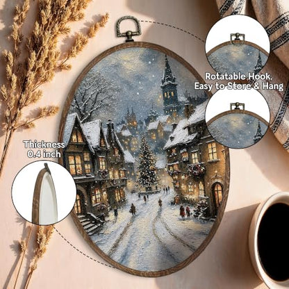 FLAWAFLOMA Rustic Winter Village Oval Canvas Wall Art Decor 8.6x11.4 Inch - color: Christmas-10