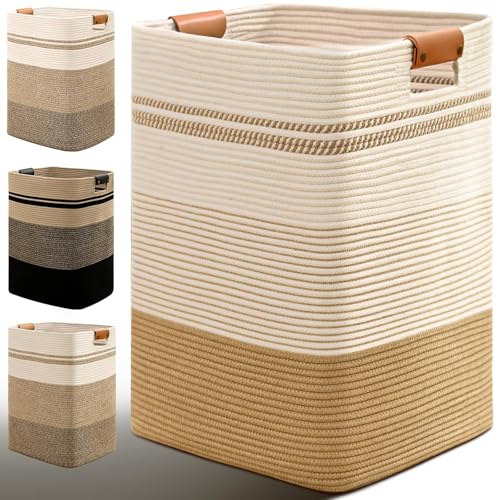 Laundry Hamper, 85L Tall Laundry Basket with Leather Handles, Rectangle Large Clothes Hamper for Organizing, Cotton Woven Laundry Baskets Storage Hampers for Bedroom, Nursery, Living Room - color: Jute & White, size: 85L