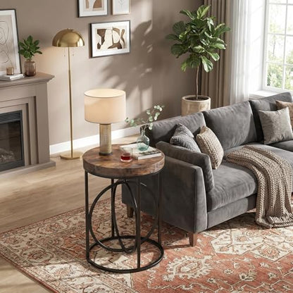 LITTLE TREE 20” Round End Table with Thick Wood Top，Modern Sofa Side Table with Gold O-Shaped Base, Midcentury Accent Table Cocktail Table Nightstand for Living Room Bedroom - color: Rustic Brown+black