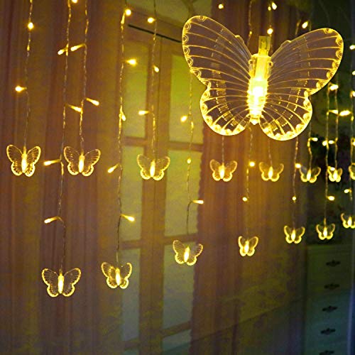 Butterfly Curtain Lights, 13ft 96 LED USB Window Fairy Lights 16 Butterflies 8 Modes Firefly Twinkle Timer String Lights with Remote for Room Bedroom Wall Ceiling Party Wedding Christmas - color: Warm White, size: 13ft
