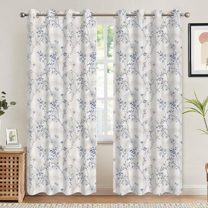 Blue & Gray Botanical Thermal Blackout Curtains 84 Inch Length 2 Panels Set - color: Delicate Foliage