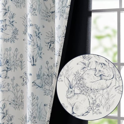 jinchan Blue Blackout Curtains W38xL63 Woodland Back Tab 2 Panels - color: Blue on Beige, size: 38"W x 63"L (Pack of 2)