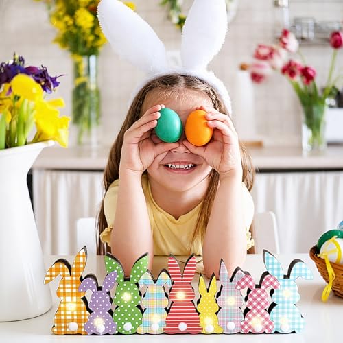 Yousoontic Easter Decorations, Bunny Easter Decor for Table with LED Lights Wood Bunny Table Centerpieces with Plush Tail 3D Block Rabbit Sign Farmhouse Decor for Spring Home Mantel Desk Office Party - style: Bunny