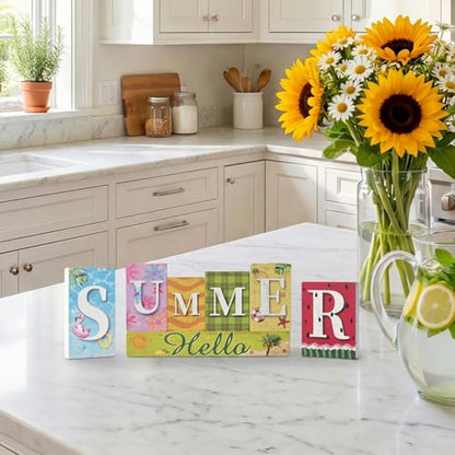 Smile 7 Pcs Wooden Decor Summer Indoor Decorations, Hawaii Style, Summer Letter Table Centerpieces for Home Kitchen Seasonal Display - style: Summer
