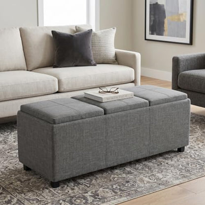 SIMPLIHOME Avalon 42" Wide Linen Look Fabric Storage Ottoman in Slate Grey - color: Slate Grey