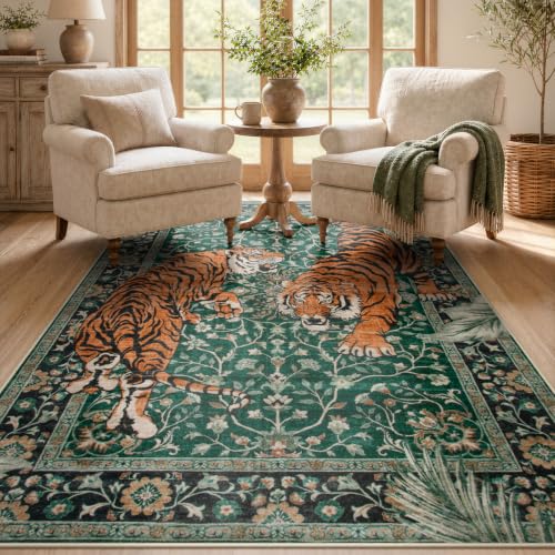 Moynesa Boho Tiger 4x6 Rug, Washable Non Slip Area Rug for Living Room - color: Green, size: 4' x 6' (Rectangular)