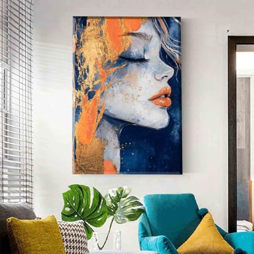 Orange Blue Wall Art Abstract Face Painting Navy Blue Pictures Gold Orange Abstract Wall Art Girl Portrait Canvas Gold Foil Artwork Girl Posters Face Modern Living Room Decor 16x24in Framed - color: Orange Blue, size: 24"L x 16"W