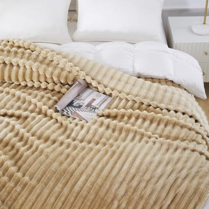 Taliska Ribbed Fleece Throw Blanket for Couch & Bed, Khaki, 60"x80" - color: Khaki, size: Throw(60"x80")
