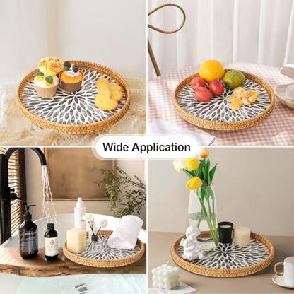 Round Rattan Tray with Mother of Pearl Inlay, Rattan Serving Tray for Coffee, Bread, Fruits, Decorative Wicker Tray for Table Decor, Home Decor, Kitchen Island Decor (Black Leaf, 11.8")