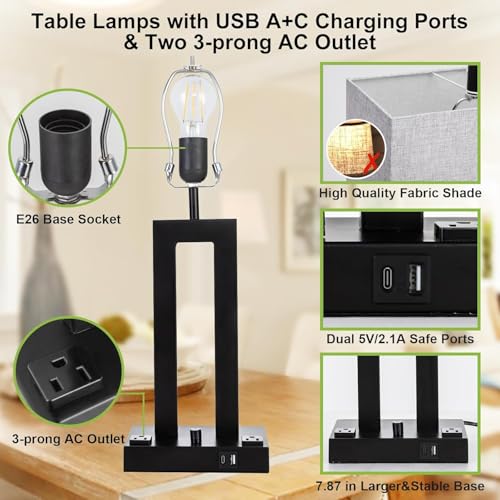22" Table Lamps for Bedroom, Modern Bedside Lamps with Charging Ports - color: Gray