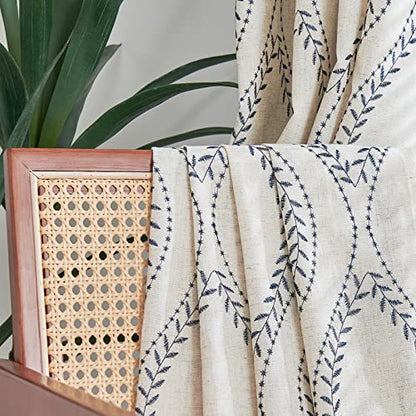 jinchan Boho Linen Curtains 63 Inch Blue on Beige Grommet 2 Panels - color: Vine Blue, size: 50"W x 63"L (Pack of 2)