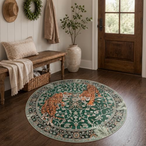 Moynesa 5ft Round Boho Tiger Rug, Green Washable Rug for Living Room - color: Green, size: 5' (Round)