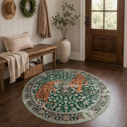 Moynesa 5ft Round Boho Tiger Rug, Green Washable Rug for Living Room - color: Green, size: 5' (Round)