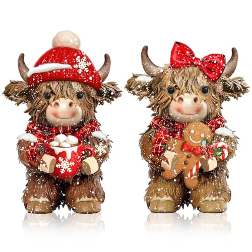 2 Pcs Christmas Highland Cow Figurines Decor, Christmas Cow Gifts - style: Christmas Snowflakes