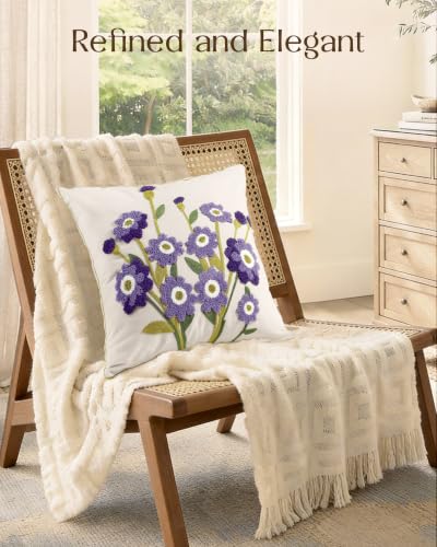 Embroidered Floral Throw Pillow Cover 18x18 Inch, Purple Flower - color: Purple Flower, size: 18" x 18" (Pack of 1)