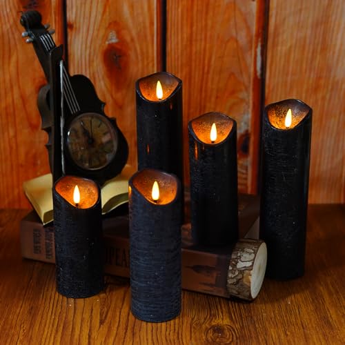 Nimiko Flickering Flameless Candles with Remote Control and Timer Set of 5 Pc Real Wax LED Pillar Candles, Battery Operated Candles（D2.2×H5/5.5"/6"/7"/8"） Home Decor Flameless Candles（Black） - color: True wax black