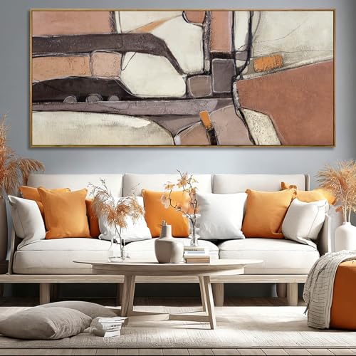 ZENPEE Brown & Grey Abstract Canvas Wall Art 32x71, Neutral Off-White Geometric Design with Wooden Frame, Modern Oversized wall art for living room - color: Brown & Beige, size: 70"L x 32"W