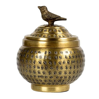 Round Hammered Metal Container with Bird Finial, Brass Finish - size: 6 inches (Diameter) x 7 inches (Height), style: Bird