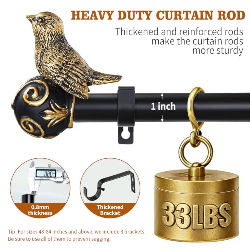 Curtain Rods for Windows 48-84 Inch, Gold Curtain Rod with Bird Finials - size: 48-84