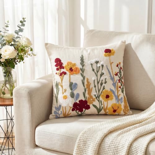 AVOIN colorlife Pastel Poppy Flowers Embroidered Throw Pillow Cover, 18 x 18 Inch Flower Cluster Tufted Patterned Linen Cushion Case Decoration for Sofa Couch - size: 18" x 18" (Pack of 1)