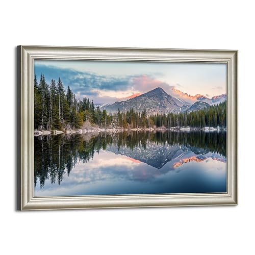 Framed Lake Canvas Wall Art: Mountain Range Skyline Scenery Painting Nature Landscape Artwork for Living Room - color: Lake Mountain, size: 36"L x 24"W