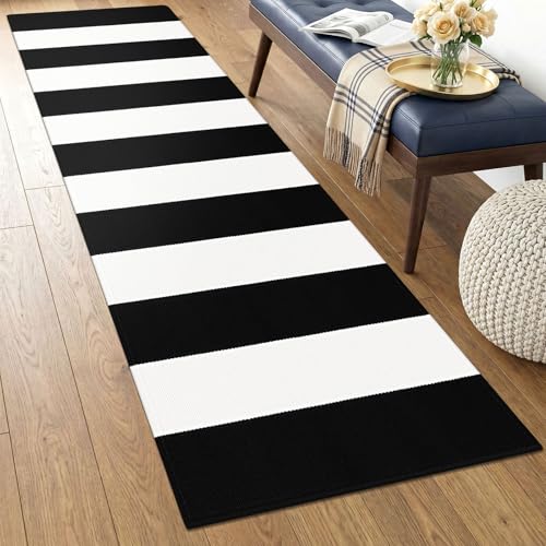 KOZYFLY Black and White Striped Runner Rug 2x4.3 ft Mat Woven Cotton Rug - color: Black and White, size: 2' x 4'3" (Runner)