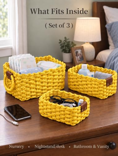 Small Wicker Baskets, 3 PCS Paper Rope Baskets for Shelves, Yellow - color: Yellow