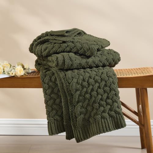Muted Olive Chunky Knit Throw Blanket,Extra Thick Cozy Sofa Blanket 50x60 - color: Muted Olive, size: 50"x60"