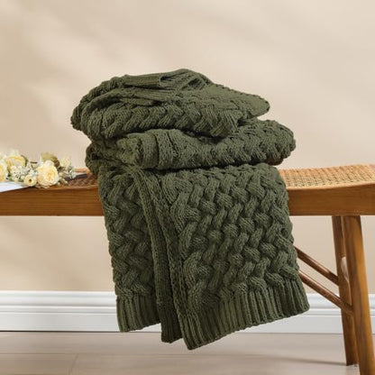 Muted Olive Chunky Knit Throw Blanket,Extra Thick Cozy Sofa Blanket 50x60 - color: Muted Olive, size: 50"x60"