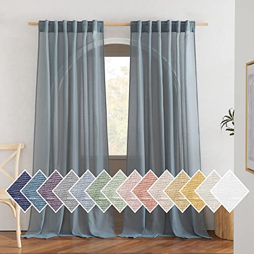 NICETOWN Faux Linen Curtains Smoke Blue 84 inch Length 2 Panels Set for Living Room, Rod Pocket & Back Tab Privacy Semi Sheer Light Filtering Window Drapes for Farmhouse/Bedroom, W52 x L84 - color: Smoke Blue, size: 52"W x 84"L (Pack of 2)