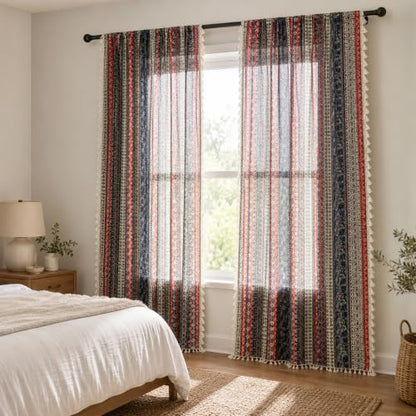 VOGOL Boho Tassel Window Curtains, 1 Panel Geometric Striped Bohemian Style Country Curtain, Cotton Linen Drapes for Bedroom Living Room, 59 x 63 Inches - color: C4, size: 59"W x 63"L (Pack of 1)
