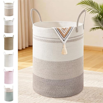 72L Large Tall Cotton Rope Laundry Basket with Handles, Brown Striped - color: Brown Striped, size: 72L