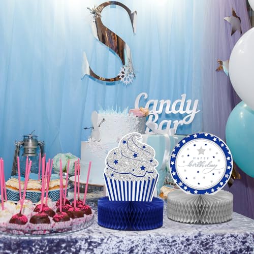 Teling 9 Pcs Happy Birthday Table Decorations Blue and Silver Decorations Navy Blue Centerpieces Happy Birthday Honeycomb Table Centerpieces for Men Women Party Supplies