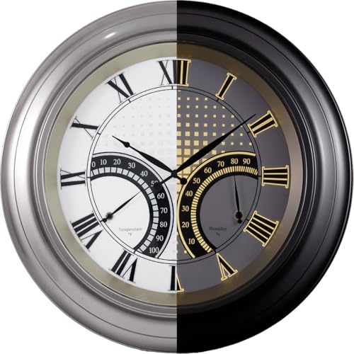 ANDY STAR 24 Inch Outdoor Clocks Waterproof,Large Outdoor Wall Clocks for Garden Patio Pool, Weatherproof Illuminated Metal Clock Battery Operated with Thermometer&Hygrometer, Silver Non Ticking - color: Silver