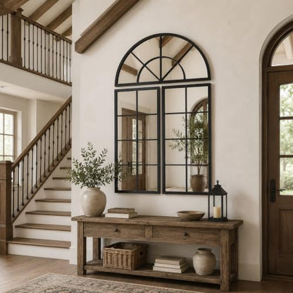 Large Black Arched Window Mirror, 32 x 47.2 in, 3-Piece Set - color: Matte Black, size: 32"L x 47"W