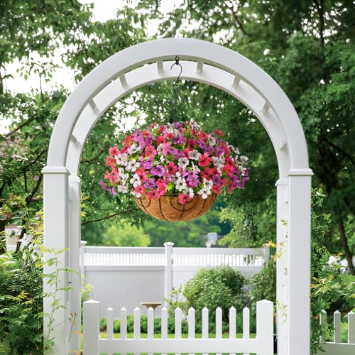 Artificial Hanging Flowers Basket for Outdoor, UV Resistant Plants Daisy - color: Purple White Rose