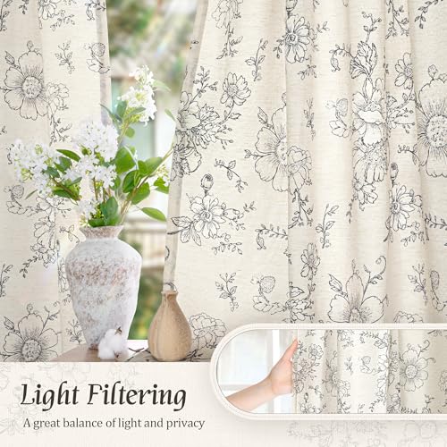 LAMIT Floral Linen Window Curtains 63 Inch Length, 2 Panels, Black - color: Black on Beige, size: 52"W x 63"L (Pack of 2)