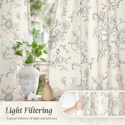 LAMIT Floral Linen Window Curtains 63 Inch Length, 2 Panels, Black - color: Black on Beige, size: 52"W x 63"L (Pack of 2)