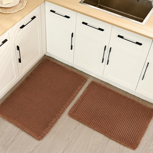 Luxury Waffle Bath Mat, Super Absorbent Non Slip Bathroom Rugs, Boho Ultra Soft Comfort Machine Washable Quick Dry Floor Mats with Tassels (Coffee, 17" x 24" + 20" x 30") - color: Coffee, size: 17" X 24" + 20" X 30"