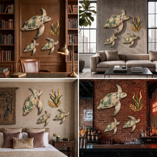 Tevqemi Large 3D Metal Sea Turtle Wall Art, 4-Piece Hand-Painted Wall Decor