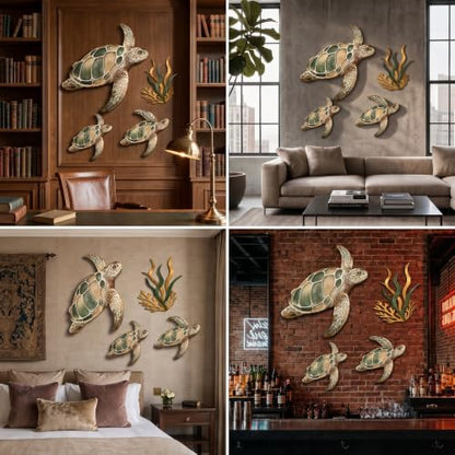 Tevqemi Large 3D Metal Sea Turtle Wall Art, 4-Piece Hand-Painted Wall Decor