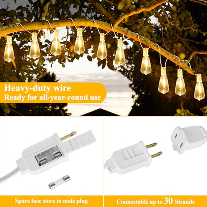 Brightever 50FT LED String Lights 27 Bulbs Outdoor Waterproof Dimmable - color: White Wire Warm White, size: 50FT