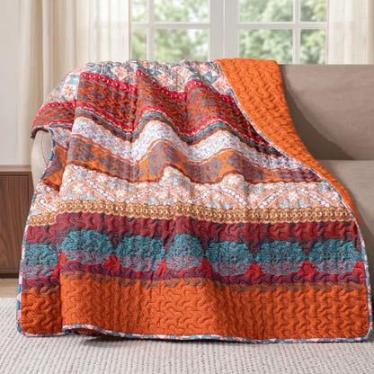 Exclusivo Mezcla Reversible Boho Quilted Throw Blanket, 50"x 60" - color: Bohemian Red and Orange, size: 50 x 60 inch