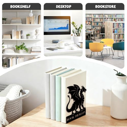 Peacoblue 5.3"x4.3"x6.9" Metal Bookends, Heavy Duty Book Ends for Shelves - style: Dragon